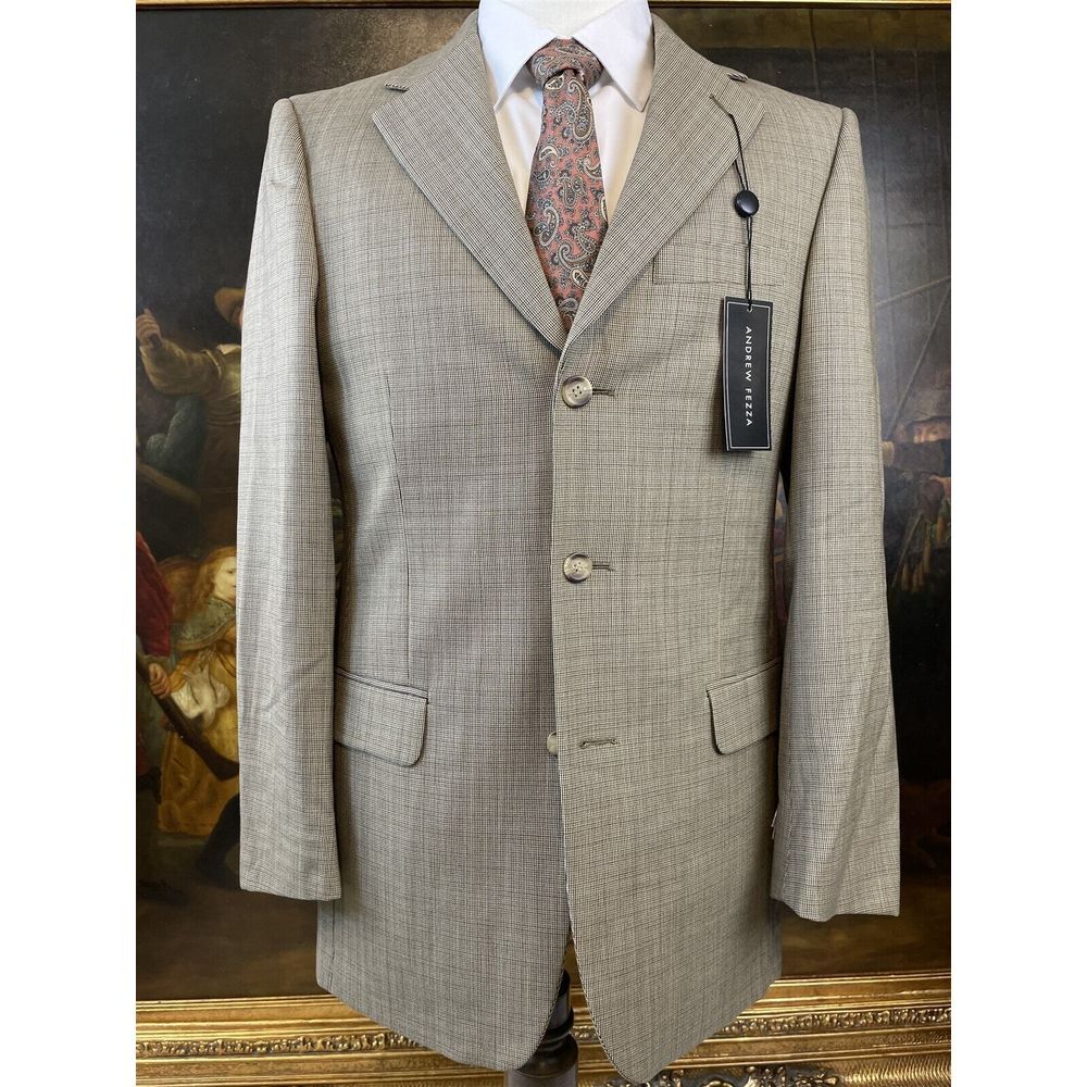 NWT Andrew Fezza 36R Worsted Wool Beige Blue Brown‎ Micro Patterned 3Btn Blazer